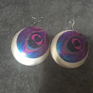 Peacock feather metal earrings